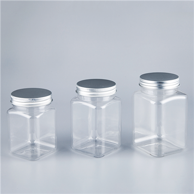 Πλαστικά τετράγωνα διαφανή βάζα με μεταλλικά καπάκια